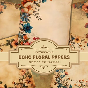 34 Boho Floral Papers, Junk Journal Pages, 8.5x11 inch, Printable, Bohemian Flower Design, Scrapbooking, Digital Download, Junk Journal Kit
