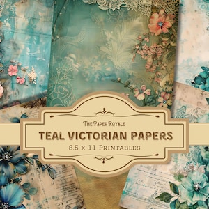 33 Teal Victorian Papers, Junk Journal Pages, 8.5x11 inch, Printable, Vintage Elegance Design, Scrapbooking, Digital Download
