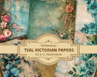 33 papiers victoriens bleu sarcelle, pages de journal indésirable, 8,5 x 11 pouces, imprimable, design élégant vintage, scrapbooking, téléchargement numérique