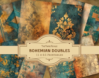 May include: A set of eight digital paper designs featuring a bohemian theme with gold and teal colors. The papers are 11 x 8.5 inches and are printable. The text "The Paper Royale Bohemian Doubles 11 x 8.5 Printables" is displayed on a banner.