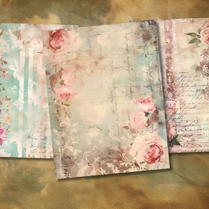 May include: Three digital paper sheets with a vintage aesthetic featuring pink roses and floral patterns. The papers have a faded, distressed look with handwritten text and musical notes.