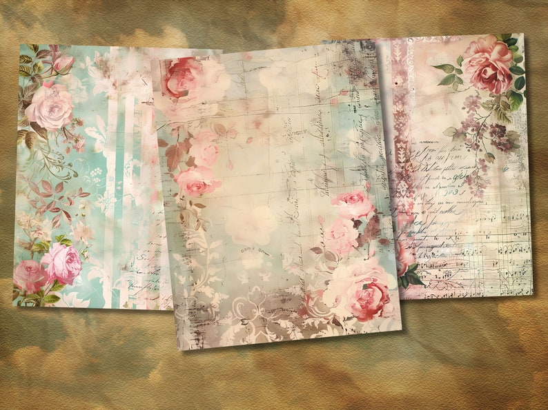 May include: Three digital paper sheets with a vintage aesthetic featuring pink roses and floral patterns. The papers have a faded, distressed look with handwritten text and musical notes.