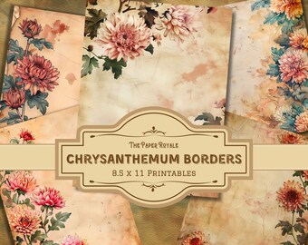 Bordes florales de crisantemo: Papel imprimible para álbumes de recortes (descarga digital)