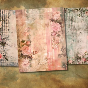 May include: Three digital paper designs featuring pink roses, handwritten text, and a vintage aesthetic. The papers are in shades of pink, blue, and beige.