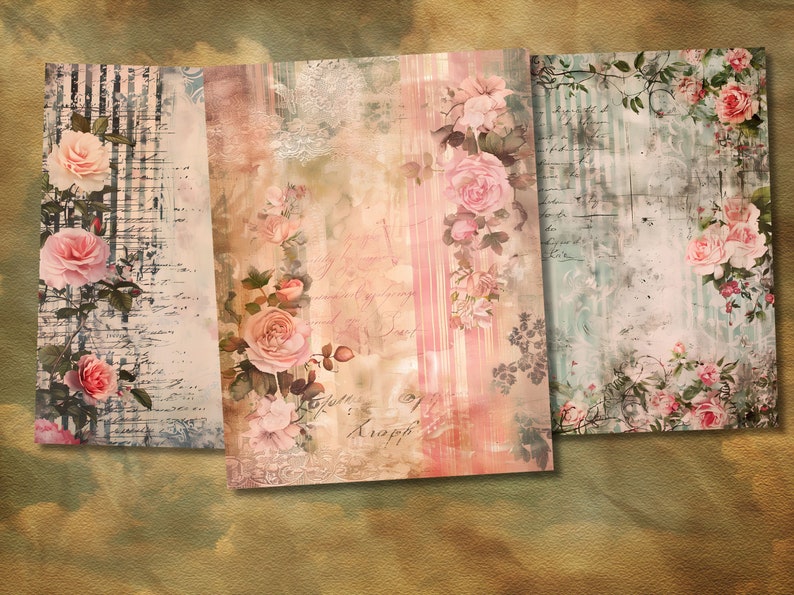 May include: Three digital paper designs featuring pink roses, handwritten text, and a vintage aesthetic. The papers are in shades of pink, blue, and beige.
