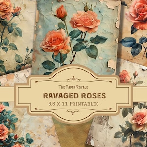 30 páginas de diario de rosas devastadas, 8,5x11 pulgadas, imprimible, diseño floral angustiado, scrapbooking, descarga digital, páginas de diario basura