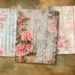 May include: Three digital paper sheets with a vintage aesthetic. Each sheet features a different design with pink roses, handwritten text, and a distressed background. The first sheet has a blue and white striped pattern, the second sheet has a distressed wood background, and the third sheet has a pink and white striped pattern.
