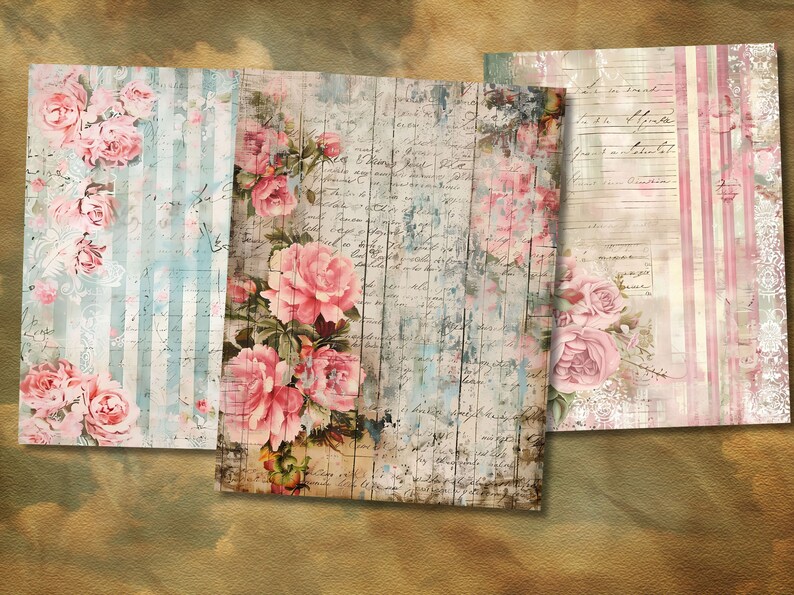 May include: Three digital paper sheets with a vintage aesthetic. Each sheet features a different design with pink roses, handwritten text, and a distressed background. The first sheet has a blue and white striped pattern, the second sheet has a distressed wood background, and the third sheet has a pink and white striped pattern.
