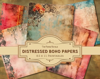 22 Distressed Boho Junk Journal Papers, 8.5x11 inch, Vintage Bohemian Pages, Printable, Scrapbooking, Art Journaling, Digital Download