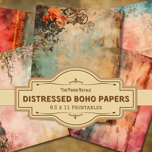 22 Distressed Boho Junk Journal Papers, 8.5x11 inch, Vintage Bohemian Pages, Printable, Scrapbooking, Art Journaling, Digital Download