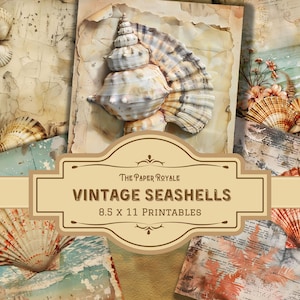 21 Vintage Seashell Papers, 8.5x11 inch, Printable, Nautical Theme, Scrapbooking, Digital Download, Junk Journal Pages