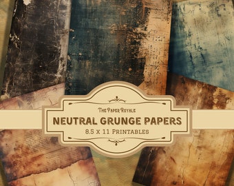 May include: A set of six neutral-toned grunge paper textures. The papers have a distressed, aged look with cracks and faded ink. The papers are 8.5 x 11 inches and are printable.
