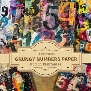 21 documenti con numeri grungy, 8,5 x 11 pollici, stampabile, design numerico vintage, scrapbooking, download digitale, pagine del diario spazzatura