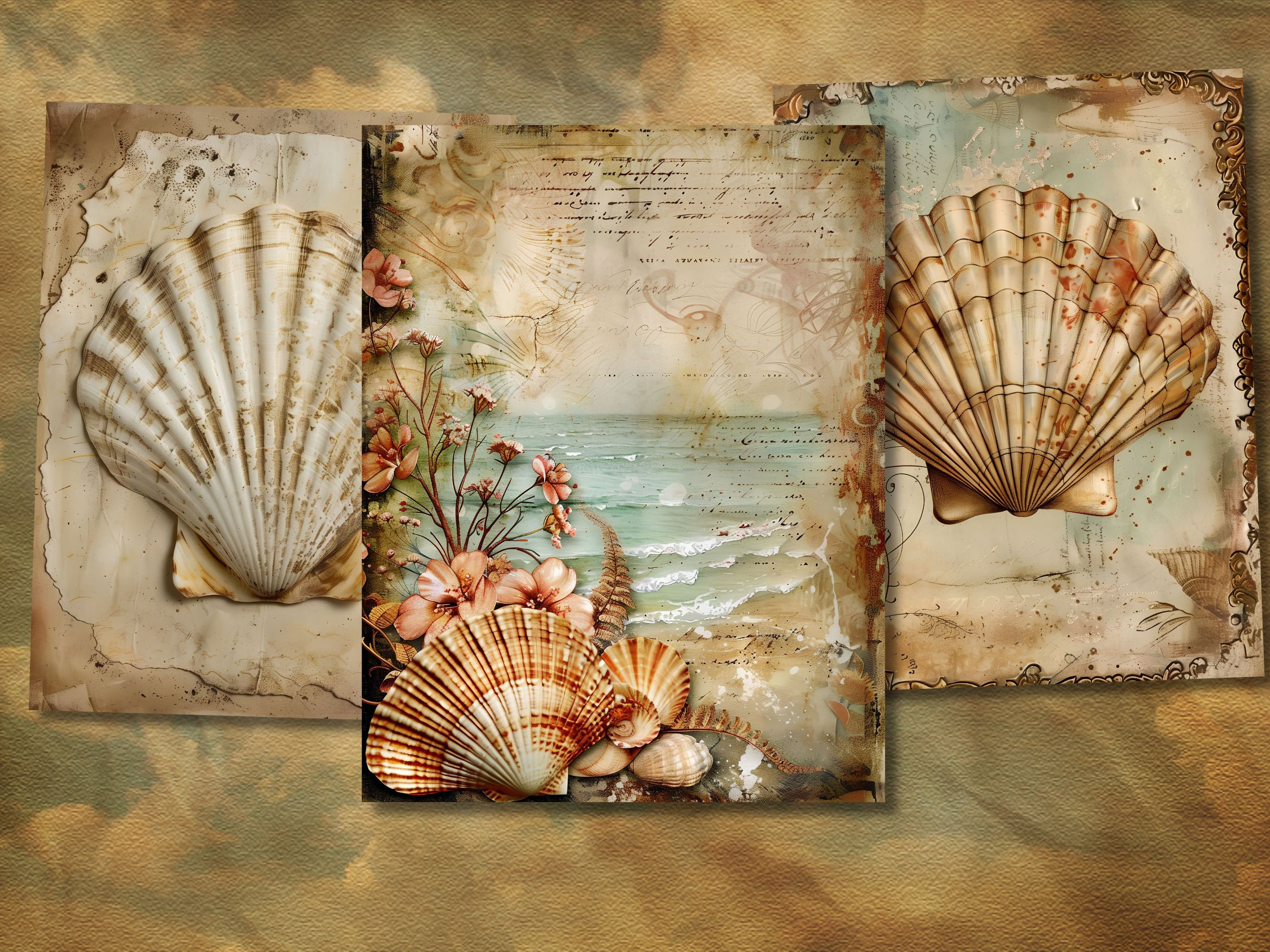 21 Vintage Seashell Papers, 8.5x11 Inch, Printable, Nautical Theme, Scrapbooking, Digital ...