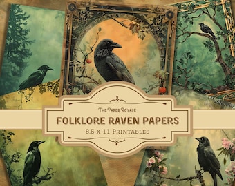 23 Folklore Ravens, Raven Journal Papers, 8.5x11 inch, Printable, Mythical Birds, Scrapbooking, Digital Download, Junk Journal Pages