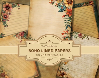 28 Lined Boho Journal Papers, 8.5x11, Grunge, Junk Journal, Printable, Bohemian Style, Digital Download
