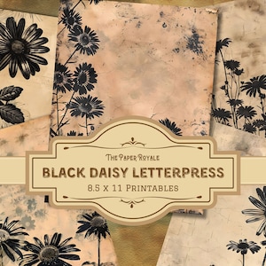 24 Black Daisy Letterpress Journal-Papiere, 8,5 x 11 Zoll, druckbar, Blumenränder, Scrapbooking, digitaler Download, Junk-Journal-Seiten