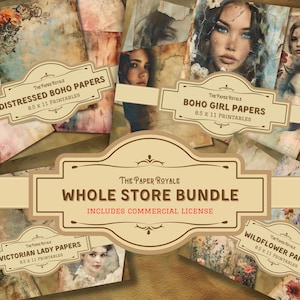 Ensemble complet du magasin avec licence commerciale. Accès illimité à tous les paquets papier Junk Journal, téléchargement numérique instantané, lien Google Drive