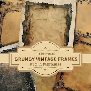 Puede incluir: Conjunto de cinco marcos vintage imprimibles de 21,6 x 27,9 cm con bordes desgastados y diseños ornamentados. Los marcos son en tonos marrones y negros sobre un fondo crema. El texto "Grungy Vintage Frames" se muestra en una pancarta.
