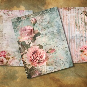 May include: Three vintage style paper sheets with a distressed background and pink roses. The sheets have a faded, antique look with handwritten text and floral patterns.