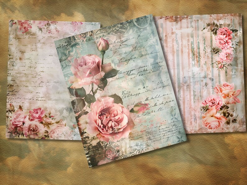 May include: Three vintage style paper sheets with a distressed background and pink roses. The sheets have a faded, antique look with handwritten text and floral patterns.