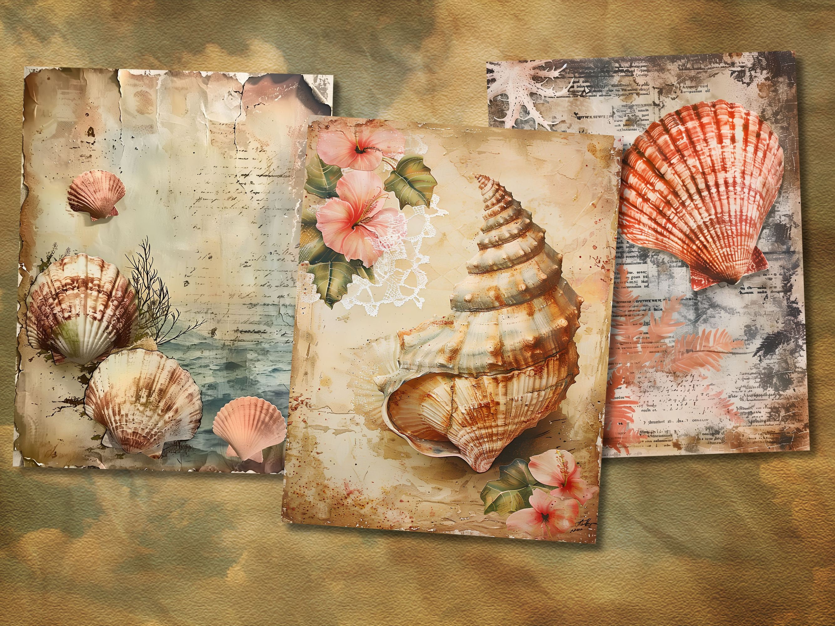 21 Vintage Seashell Papers, 8.5x11 Inch, Printable, Nautical Theme, Scrapbooking, Digital ...