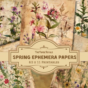 22 Frühlings-Ephemera-Papiere, Junk Journal, 8,5 x 11 Zoll, druckbar, saisonales Blumendesign, Scrapbooking, digitaler Download