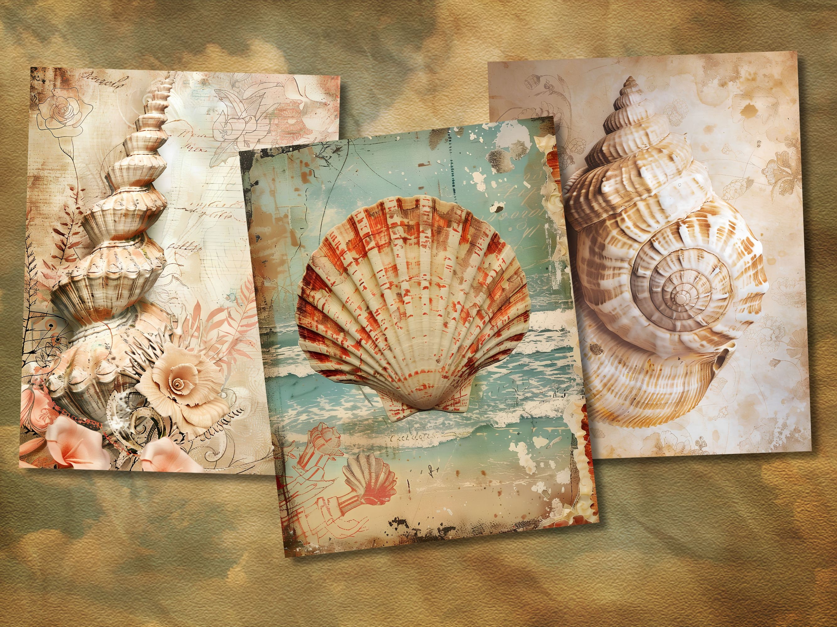 21 Vintage Seashell Papers, 8.5x11 Inch, Printable, Nautical Theme, Scrapbooking, Digital ...