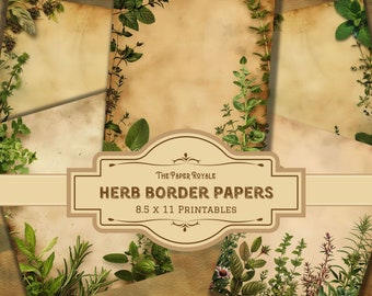32 Herb Border Papers, Junk Journal Pages, 8.5x11 inch, Printable, Botanical Theme, Scrapbooking, Digital Download, Junk Journal Kit
