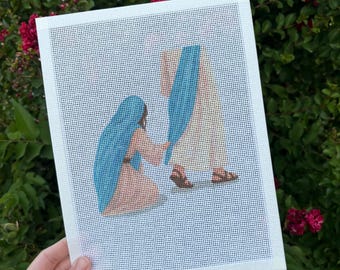 Hand Painted Needlepoint Canvas | Woman Touching Jesus’ Garment | Christian Bible Needlepoint | 13 Mesh