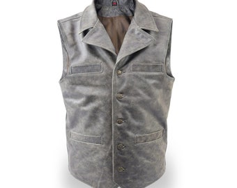 Vintage Olive Leather Vest with Collar for Men, Motorcycle Club Style Vest, Mens western Waistcoat Hunting vest ideal gift for dad boyfriend