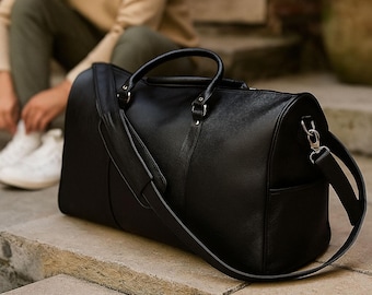 Bolsa de lona de piel de vaca personalizada con compartimento para zapatos - Bolsa deportiva negra para gimnasio, bolsa de fin de semana de piel, bolsa de viaje de piel, regalo de Navidad