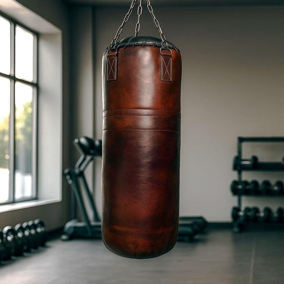 Handmade Vintage Brown Leather Punching Bag for training, Personalized Cowhide Boxing Bag for Kick boxers, Muay Thai, Martial Arts Gift