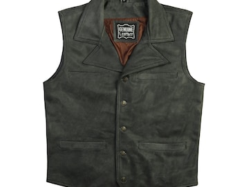 Dark Grey Cowhide Leather Motorcycle Club Vest, Men Biker  leather vest Gift for Riders, Mens Western Leather Coat - Gift for him/Boyfriend