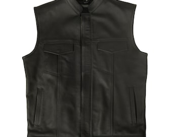 Customized Biker Black Leather Multi pockets Vest, Motorcycle Club Vest, Men Black Shiny leather vest Gift for Riders, Genuine Leather Vest