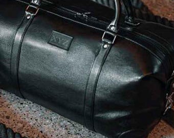 Personalized Cowhide Leather Duffel Bag, Black Sports Gym Bag
