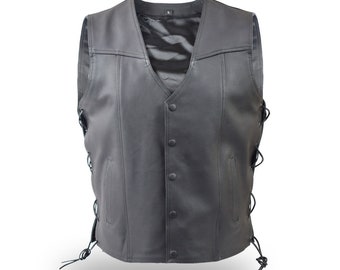 Handmade Black Leather Vest with laced up sides for Men, Motorcycle Club Style Vest, Mens western Waistcoat vest best gift for dad boyfriend