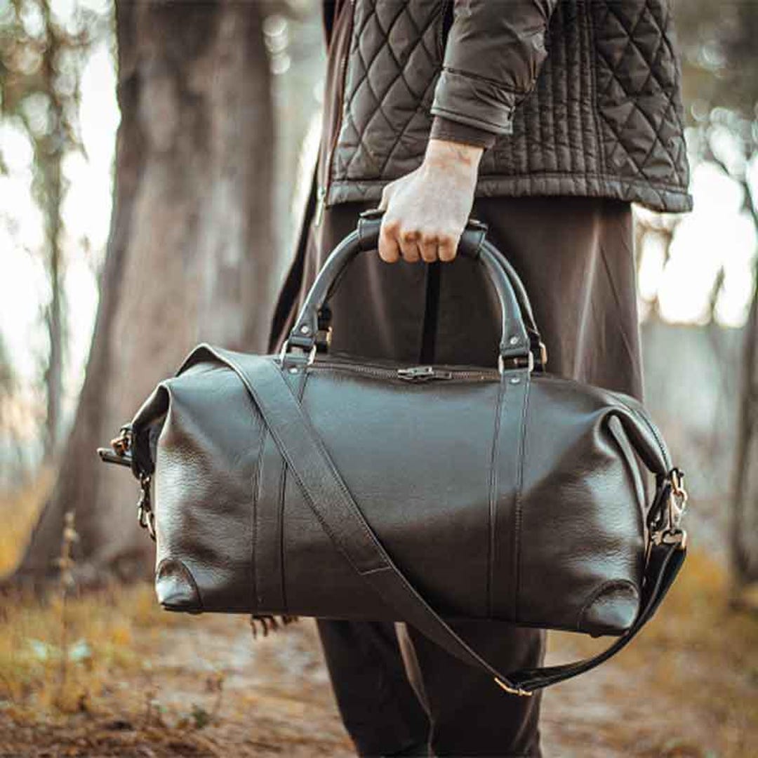 Personalized Cowhide Leather Duffel Bag, Black Sports Gym Bag