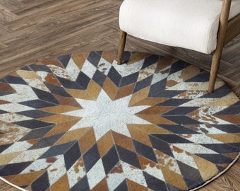 Handmade  Hair-on Cowhide Leather Patchwork Rug Round Shape, Modern Rug, Exotic Tricolor Cowhide Rug, Home Decor Mothers day gift for mom