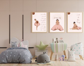 Ballerina Art Prints: Set of 3 Positive Affirmations, Girls Room Decor (Digital Download)