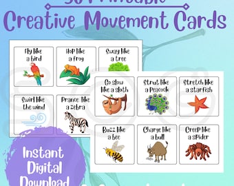 30 Printable Creative Movement Cards Animal Action Downloads Fun Preschool Dance resources Language action picture cards animal games