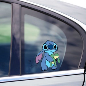 Cute Stitch Hugging a Frog from Lilo and Stitch Peeking Peek Peekabo Peekers Bumper Window Vinyl Decal Disney Movie Stickers