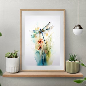 A Watercolor of a Dragonfly and Flowers, insect gifts, home decor printable, living room decor, prints home decor, watercolor wall art