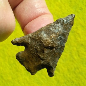 May include: A brown arrowhead with a pointed tip and a slightly curved base. The arrowhead has a rough, textured surface.