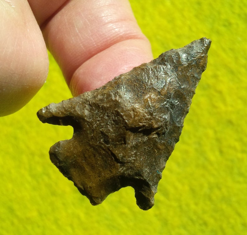 May include: A brown arrowhead with a pointed tip and a slightly curved base. The arrowhead has a rough, textured surface.