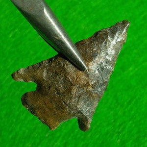 May include: A brown and gray arrowhead with a sharp point. The arrowhead is held by a metal tool against a green background.
