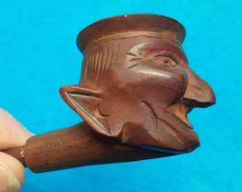 6&quot; Carved WOOD GARGOIL PIPE Used Collectors Tobacco Pipe with Hand Carved Wood Bowl and Stem Face Pipe