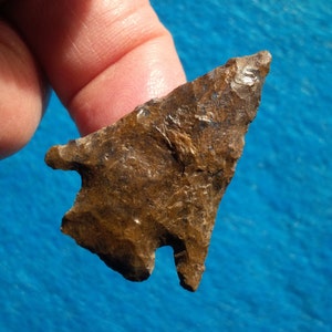 May include: A brown arrowhead with a pointed tip and a slightly curved base. The arrowhead has a rough, textured surface and is made of a dark brown stone.