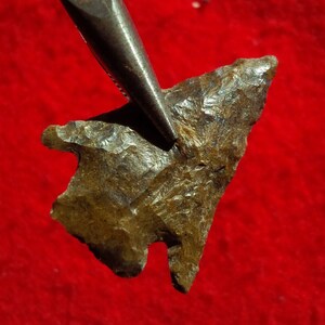 May include: A brown arrowhead with a rough, textured surface. The arrowhead is pointed at the top and has a slightly curved base. The arrowhead is being held by a pair of pliers.
