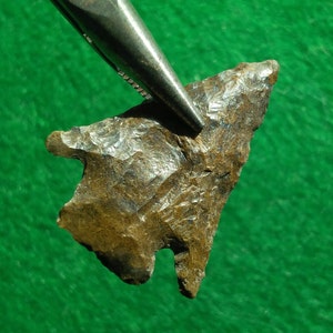 May include: A brown arrowhead with a rough, textured surface. The arrowhead is held by a pair of metal tweezers.